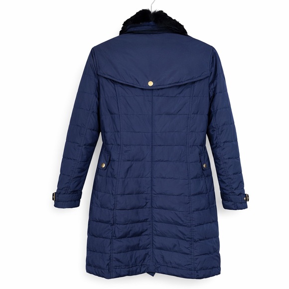 Burberry Brit Navy Down Puffer Parka Coat Fur Collar Belted Double-Breasted Sz M - Picture 3 of 14